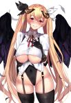  1girl ass_visible_through_thighs black_gloves black_legwear black_wings blonde_hair blush breasts covered_navel fallen_angel feathered_wings feathers garter_straps gloves grin groin hair_between_eyes hair_ribbon highres horns leotard long_hair original red_eyes ribbon simple_background smile solo thighhighs twintails underboob untsue very_long_hair white_background wings 