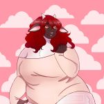  1:1 2019 absurd_res anthro bottomless bovid caprine clothed clothing female hair hi_res horizontal_pupils horn mammal moonubus overweight pink_background red_hair shaded sheep simple_background smile solo 