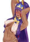  1girl absurdres animal_ears armpits arms_behind_head arms_up bangs blush breasts dark_skin deroo earrings egyptian facepaint facial_mark fate/grand_order fate_(series) highres hoop_earrings huge_filesize jackal_ears jewelry large_breasts long_hair looking_at_viewer low-tied_long_hair navel nitocris_(fate/grand_order) open_mouth purple_eyes purple_hair simple_background solo white_background 