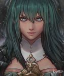  1girl bangs blue_eyes blue_hair byleth_(fire_emblem) byleth_(fire_emblem)_(female) cape close-up closed_mouth collar commentary face fire_emblem fire_emblem:_three_houses green_hair hair_between_eyes jewelry kaejunni looking_at_viewer medium_hair pendant shoulder_armor signature 