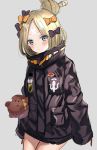  1girl abigail_williams_(fate/grand_order) bandaid_on_forehead blonde_hair blue_eyes blush bow commentary_request cowboy_shot crossed_bandaids fate/grand_order fate_(series) grey_background hair_bow hair_bun harimoji jacket long_sleeves looking_at_viewer simple_background solo stuffed_animal stuffed_toy teddy_bear 