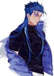  1boy black_shirt blue_hair blue_jacket cigarette cu_chulainn_(fate)_(all) fate/stay_night fate_(series) hair_down jacket lancer long_hair looking_at_viewer male_focus mouth_hold off_shoulder red_eyes shirt smoking solo tatsuta_age turtleneck upper_body 