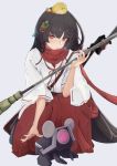  1girl absurdres animal animal_on_head bamboo_broom bangs bayonet bird bird_on_head black_hair broom dinergate_(girls_frontline) eyebrows_visible_through_hair girls_frontline gun hair_ornament hakama highres holding holding_broom japanese_clothes long_hair long_sleeves looking_at_viewer miko miyazaki-san_(mmyyzk) on_head red_eyes red_hakama red_scarf ribbon-trimmed_sleeves ribbon_trim sangvis_ferri scarf submachine_gun type_100 type_100_(girls_frontline) weapon wide_sleeves 