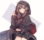  1girl bangs blush braid breasts brown_eyes brown_hair capelet eyebrows_visible_through_hair hair_ribbon hood hood_up hooded_capelet kantai_collection long_hair long_sleeves open_mouth pleated_skirt ribbon shinshuu_maru_(kantai_collection) simple_background skirt solo twin_braids zp_hn02 