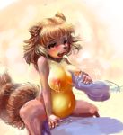  2014 ambiguous_species anthro big_tail blush bodily_fluids breast_grab breast_milking breasts canid canine cowgirl_position duo female hair hand_on_breast lactating male male/female mammal milk navel ni_ecchi on_top open_mouth pregnant raccoon_dog sex solo_focus tanuki 