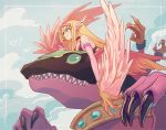  1girl bangs bare_shoulders blonde_hair blue_eyes blunt_bangs breasts claws cleavage duel_monster hairband harpie&#039;s_pet_dragon harpie_girl heart long_hair medium_breasts on_head pink_feathers profile smile talons yuu-gi-ou yuza 