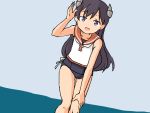  1girl adrian_ferrer black_hair black_swimsuit commentary cowboy_shot english_commentary grey_background headgear i-400_(kantai_collection) kantai_collection leaning_forward looking_at_viewer orange_sailor_collar purple_eyes sailor_collar sailor_shirt school_swimsuit shirt sleeveless sleeveless_shirt solo swimsuit swimsuit_under_clothes two-tone_background 