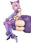  1girl absurdres animal_ears ankle_boots ass bare_shoulders bbdaoa_(1446759744) blush boots breasts closed_mouth elbow_gloves fate/grand_order fate_(series) full_body fur-trimmed_boots fur-trimmed_gloves fur-trimmed_legwear fur_collar fur_trim gloves hair_over_one_eye hand_on_own_knee high_heel_boots high_heels highres kemonomimi_mode large_breasts lying mash_kyrielight o-ring on_side pink_hair purple_eyes purple_footwear purple_gloves purple_legwear red_lips revealing_clothes short_hair simple_background smile solo tail underboob white_background wolf_ears wolf_tail 