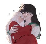  1boy 1girl animal_ears black_hair closed_eyes green_sailor_collar highres higurashi_kagome holding inuyasha inuyasha_(character) japanese_clothes long_hair music musical_note open_mouth sailor_collar school_uniform serafuku singing white_background white_hair wide_sleeves yellow_eyes younger yuigacyako 