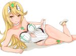  1girl artist_request ass bare_arms bare_shoulders blonde_hair blush breasts casual_one-piece_swimsuit competition_swimsuit earrings hair_between_eyes headgear hikari_(xenoblade_2) jewelry large_breasts linfa_lm long_hair looking_at_viewer lying nintendo one-piece_swimsuit smile solo swimsuit white_swimsuit xenoblade_(series) xenoblade_2 yellow_eyes 