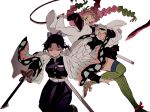  2girls animal_print arm_up bangs belt black_hair black_pants black_skirt breasts butterfly_hair_ornament butterfly_print cleavage coat green_eyes green_hair green_legwear hair_ornament haori hiiragi_fuyuki japanese_clothes jumping kanroji_mitsuri katana kimetsu_no_yaiba kochou_shinobu long_sleeves looking_at_viewer medium_breasts miniskirt mole mole_under_eye multicolored_hair multiple_girls open_mouth pants parted_bangs partially_unbuttoned pink_hair pleated_skirt purple_eyes ribbed_legwear sandals scabbard sheath simple_background skirt sword thighhighs thighs tri_braids two-tone_hair uniform unsheathed weapon whip_sword white_background wide_sleeves 