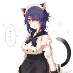  1girl alternate_costume animal_ears artist_name black_bow bow breasts cat_ears cat_tail checkered checkered_bow eyebrows_visible_through_hair eyepatch hair_over_one_eye kantai_collection kotobuki_(momoko_factory) large_breasts looking_away maid_headdress messy_hair open_mouth purple_hair short_hair solo speech_bubble tail tenryuu_(kantai_collection) translation_request triangle_mouth twitter_username 