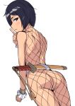  1girl aegis_(nerocc) ass back bangs bare_shoulders black_hair blue_eyes blush bodysuit character_request closed_mouth commentary_request cowboy_shot dutch_angle expressionless fishnet_bodysuit fishnets from_behind highres index_finger_raised looking_at_viewer looking_back profile sakura_taisen sheath sheathed shin_sakura_taisen simple_background solo sword tassel weapon weapon_on_back white_background wrist_cuffs 