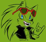  2015 anthro archie_comics blue_eyes clothing devil_horns_(gesture) ear_piercing ear_ring eulipotyphlan eyewear fur gesture gloves green_background green_body green_fur handwear hedgehog jacket male mammal open_mouth piercing scourge_the_hedgehog sharp_teeth simple_background solo sonic_the_hedgehog_(archie) sonic_the_hedgehog_(comics) sonic_the_hedgehog_(series) spacecolonie sunglasses teeth topwear 