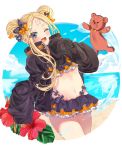  1girl abigail_williams_(fate/grand_order) bandaid_on_forehead bangs beach bikini black_bikini black_bow black_jacket blonde_hair blue_eyes blue_sky blush bow breasts crossed_bandaids double_bun emerald_float fate/grand_order fate_(series) flower forehead frilled_bikini frills heroic_spirit_traveling_outfit hibiscus jacket long_hair long_sleeves looking_at_viewer moriyama_(pixiv47135650) multiple_bows navel ocean one_eye_closed open_clothes open_jacket open_mouth orange_belt orange_bow parted_bangs polka_dot polka_dot_bow sidelocks sky sleeves_past_fingers sleeves_past_wrists small_breasts smile solo stuffed_animal stuffed_toy swimsuit teddy_bear thighs 