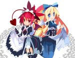  2girls alternate_costume angel angel_wings apron apron_lift blonde_hair blue_eyes blue_ribbon commentary demon_girl demon_tail disgaea earrings etna flonne garter_straps hair_between_eyes highres jewelry juliet_sleeves long_hair long_sleeves maid maid_apron maid_headdress mini_wings miyakawa106 multiple_girls open_mouth pointy_ears puffy_sleeves raised_eyebrow red_eyes ribbon sidelocks skirt skirt_lift skull_earrings tail twintails white_background wings 