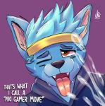 2020 accessory ahegao alternate_species black_nose blue_body blue_fur blue_hair bodily_fluids brown_eyes canid canine clothed clothing colored_sketch cum cum_splatter english_text epic_games fangs fortnite front_view fur furrification gatogenerico genital_fluids hair headband headshot_portrait hi_res icon looking_pleasured male mammal ninja_(fortnite) one_eye_closed open_mouth orgasm orgasm_face portrait purple_background signature simple_background solo sweat text tongue tongue_out video_games 