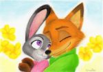  2017 anthro canid canine cheek_tuft clothed clothing dipstick_ears disney duo eyes_closed facial_tuft female flower fox fur grey_body grey_fur hug hugging_from_behind inner_ear_fluff judy_hopps lagomorph leporid male male/female mammal multicolored_ears nick_wilde orange_body orange_fur plant purple_eyes rabbit red_fox smile soranoiro_(artist) tuft zootopia 