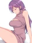  1girl breasts cleavage_cutout closed_eyes deyuuku from_side hair_ornament hair_scrunchie long_hair love_live! love_live!_school_idol_project no_pants panties purple_hair purple_scrunchie purple_shirt scrunchie shirt sitting sleeveless sleeveless_shirt smile solo tight_shirt toujou_nozomi twintails underwear white_background white_panties 