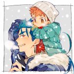  2boys beanie blue_hair blue_jacket breath carrying child cu_chulainn_(fate)_(all) emiya_shirou fate/stay_night fate_(series) fur_trim hat jacket lancer looking_at_another looking_back male_focus multiple_boys orange_hair red_eyes shoulder_carry smile tatsuta_age time_paradox winter yellow_eyes younger 