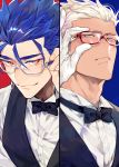  2boys adjusting_eyewear archer bespectacled blue_hair bow bowtie column_lineup cu_chulainn_(fate)_(all) dark_skin dark_skinned_male earrings fate/stay_night fate_(series) glasses grey_eyes jewelry lancer looking_at_viewer looking_down looking_up male_focus multiple_boys red_eyes slit_pupils smile tatsuta_age vest waistcoat white_hair 