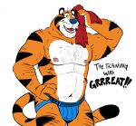  2020 absurd_res anthro barazoku bodily_fluids bulge burrnie clothing english_text felid frosted_flakes hi_res jockstrap kellogg&#039;s male mammal mascot muscular muscular_male nipples pantherine simple_background solo sweat text tiger tony_the_tiger underwear white_background 