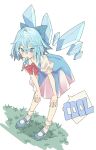  1girl absurdres banana_takemura blue_dress blue_eyes blue_footwear blue_hair blue_nails bow bowtie cirno dress english_text food food_in_mouth full_body grass hair_between_eyes highres ice ice_wings leaning_forward looking_at_viewer medium_hair nail_polish popsicle puffy_short_sleeves puffy_sleeves red_neckwear short_sleeves simple_background socks solo standing touhou white_background white_legwear wings 