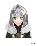  1girl absurdres bangs eyebrows_visible_through_hair fate_(series) gray_(lord_el-melloi_ii) green_eyes highres hood hooded_jacket jacket looking_at_viewer lord_el-melloi_ii_case_files mithurugi-sugar portrait silver_hair simple_background solo turtleneck white_background 