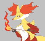  2019 blush boxf breasts canid canine covering_nipples delphox embarrassed female fire fur grey_background hi_res mammal nintendo orange_body orange_fur pok&eacute;mon pok&eacute;mon_(species) red_body red_fur simple_background solo stick video_games white_body white_fur yellow_body yellow_fur 