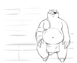  badger badgerclops balls belly bitnarukami bodily_fluids cartoon_network cybernetics cyborg eye_patch eyewear flaccid genitals hi_res machine male mammal mao_mao:_heroes_of_pure_heart mustelid musteline navel overweight penis sauna sketch sweat towel 