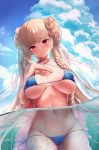  1girl ass_visible_through_thighs azur_lane bangs bare_arms bare_shoulders bikini blue_bikini blue_sky blush braid breasts breasts_apart choker cleavage closed_mouth cloud cloudy_sky collarbone commentary_request covered_nipples cowboy_shot criss-cross_halter day double_bun eyebrows_visible_through_hair formidable_(azur_lane) formidable_(the_lady_of_the_beach)_(azur_lane) halterneck hand_on_own_chest highres large_breasts long_hair looking_at_viewer lowleg lowleg_bikini navel ocean outdoors pairleaf partially_submerged partially_underwater_shot red_eyes revision side-tie_bikini sidelocks signature single_braid sky solo stomach string_bikini sunlight swimsuit thigh_gap very_long_hair 