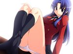  blue_eyes blue_hair blush breasts feet kawashima_ami kneehighs long_hair medium_breasts nagami_yuu oohashi_high_school_uniform panties panty_pull school_uniform sitting socks toradora! underwear white_panties 