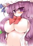  blush breasts hat huge_breasts long_hair nipples open_clothes open_shirt patchouli_knowledge purple_eyes purple_hair shirogane_(platinum) shirt solo touhou 