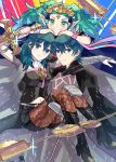  1boy 2girls ararecoa blue_eyes blue_hair boots byleth_(fire_emblem) byleth_(fire_emblem)_(female) byleth_(fire_emblem)_(male) carrying fire_emblem fire_emblem:_three_houses green_eyes green_hair grin highres multiple_girls navel navel_cutout pantyhose pointy_ears princess_carry smile sothis_(fire_emblem) sword weapon whip_sword 