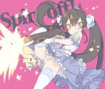  1girl bangs bare_shoulders black_hair blade_(galaxist) blue_ribbon blue_skirt blush brown_eyes closed_mouth english_text eyebrows_visible_through_hair firing gloves gun hair_between_eyes hair_ribbon holding holding_gun holding_weapon idolmaster idolmaster_cinderella_girls knee_up long_hair matoba_risa panties pink_background ribbon shirt shotgun simple_background skirt solo star starry_sky_bright thighhighs tiara twintails underwear very_long_hair weapon weapon_request white_gloves white_legwear white_panties white_ribbon white_shirt 