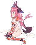  1girl armor armored_boots bikini_armor black_legwear blade_(galaxist) blue_eyes boots breasts cape curled_horns dragon_girl dragon_horns dragon_tail elizabeth_bathory_(brave)_(fate) elizabeth_bathory_(fate)_(all) fate/extra fate/grand_order fate_(series) full_body hair_ribbon high_heel_boots high_heels horns knee_boots long_hair looking_away oversized_clothes pauldrons pink_hair pointy_ears profile purple_ribbon red_armor red_footwear ribbon shoes sidelocks simple_background sitting small_breasts solo spiked_shoes spikes string_bikini tail thighhighs thighhighs_under_boots tiara two_side_up vambraces very_long_hair wariza white_background white_cape 