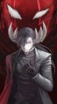  1boy black_hair black_jacket closed_mouth dual_persona fingernails frown fullmetal_alchemist hair_over_one_eye highres jacket ling_yao long_fingernails long_hair male_focus ponytail red_eyes sharp_fingernails sharp_teeth solo teeth turtleneck upper_body white_eyes wpalswl123 