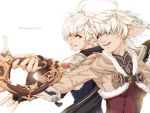  1boy 1girl ahoge alisaie_leveilleur alphinaud_leveilleur androgynous antenna_hair armor back-to-back bangs book brother_and_sister commentary_request ear_clip elezen elf english_text fighting_stance final_fantasy final_fantasy_xiv fingerless_gloves fur_trim gloves hands_up highres holding holding_book holding_sword holding_weapon long_sleeves looking_at_another mihira_(tainosugatayaki) open_mouth outstretched_arm outstretched_arms parted_bangs parted_lips pointy_ears red_mage scarf short_hair shoulder_armor siblings sidelocks smile spread_arms summoner_(final_fantasy) sword twins upper_body vest weapon white_hair 
