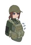  1girl armedshipyard baseball_cap blue_eyes brown_hair directional_arrow escape_from_tarkov hat inconvenient_breasts load_bearing_vest military ponytail solo white_background 