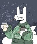  1_eye alcohol ambiguous_species beer beverage blush cigarette clothed clothing cute_fangs digital_media_(artwork) eggnog male not_furry sailewder simple_background smoking solo sweater topwear 