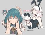  2girls anger_vein animal_ears aurastack blue_eyes blue_hair breast_envy breasts bunny_ears byleth_(fire_emblem) byleth_(fire_emblem)_(female) cleavage closed_mouth fake_animal_ears fingersmile fire_emblem fire_emblem:_three_houses forced_smile grey_background large_breasts long_hair lysithea_von_ordelia multiple_girls simple_background twitter_username 