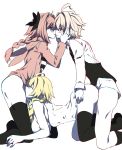  1girl 2boys ahoge animal_ears astolfo_(fate) black_bow blonde_hair bow braid breasts brown_hair bunny_ears closed_eyes commentary_request doggystyle fang fate/apocrypha fate_(series) fellatio group_sex hair_intakes hand_on_another&#039;s_hip hands_on_another&#039;s_cheeks hands_on_another&#039;s_face highres hood hoodie jeanne_d&#039;arc_(fate) jeanne_d&#039;arc_(fate)_(all) kiss large_breasts licking long_braid long_sleeves looking_at_another multiple_boys oral pink_hair pink_hoodie purple_eyes shirt sieg_(fate/apocrypha) simple_background single_braid skin_fang smile spitroast sweat tajima_yoshikazu thighhighs threesome tongue tongue_out white_background white_shirt 