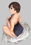 1girl artist_name ass banned_artist blush braid breasts brown_eyes brown_hair cleavage from_above looking_at_viewer makio_(makiomeigenbot) original red_ribbon ribbon school_swimsuit self_exposure short_hair single_braid sitting small_breasts solo swimsuit thighs wariza 