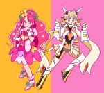  2girls blonde_hair colorful crossover cure_grace flower hair_flower hair_ornament healin&#039;_good_precure highres kstnt magical_girl multicolored multicolored_background multiple_girls pink_eyes pink_hair precure scarf senki_zesshou_symphogear short_shorts shorts simple_background skin_tight skirt tachibana_hibiki_(symphogear) 