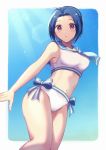  1girl ahoge bikini blue_hair blue_neckwear blue_sailor_collar blue_sky blush bow collarbone groin idolmaster idolmaster_(classic) looking_at_viewer midriff miura_azusa nanase_(7749222) navel parted_lips red_eyes sailor_bikini sailor_collar shiny shiny_hair short_hair sky solo stomach striped striped_bow sunlight swimsuit white_background white_bikini 