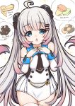  1girl ahoge azur_lane blue_eyes breasts checkerboard_cookie cheesecake chestnut_mouth cookie detached_sleeves drooling english_text food grey_hair hair_ornament hairclip halsey_powell_(azur_lane) hestia_(neko_itachi) long_hair looking_at_viewer macaron necktie open_mouth small_breasts solo thighhighs 