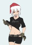  1girl armedshipyard bandaid bandaid_on_face bike_shorts bike_shorts_pull breasts clothes_writing dog_tags escape_from_tarkov gloves hat highres looking_at_viewer military mouth_hold no_bra red_eyes santa_hat scar shirt shirt_pull short_hair simple_background smirk solo staple t-shirt underboob white_hair 