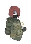  1girl anger_vein armedshipyard breast_conscious brown_hair clenched_hand escape_from_tarkov flat_chest hair_over_one_eye load_bearing_vest looking_at_viewer mask military purple_eyes short_hair solo white_background 