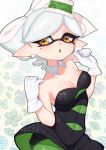  +_+ 1girl :o black_hair breasts brown_eyes busujima_funya cleavage collar commentary cowboy_shot detached_collar domino_mask dress earrings eyebrows_visible_through_hair floral_background food food_on_head gloves green_legwear green_tongue highres hotaru_(splatoon) jewelry leaning_to_the_side looking_at_viewer mask medium_breasts mole mole_under_eye object_on_head open_mouth pantyhose pointy_ears short_dress short_hair silver_hair solo splatoon_(series) splatoon_1 standing strapless strapless_dress tentacle_hair twitter_username white_collar white_gloves wing_collar 