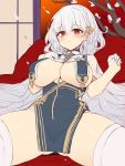  1girl ass_visible_through_thighs azur_lane black_dress blush braid breasts cameltoe cleavage covered_navel crown_braid dress gloves hair_between_eyes half_gloves hand_on_own_chest indoors large_breasts mou_tama_maru pelvic_curtain red_eyes revealing_clothes short_dress short_hair sirius_(azur_lane) solo spread_legs thighhighs thighs underboob white_gloves white_hair white_legwear 